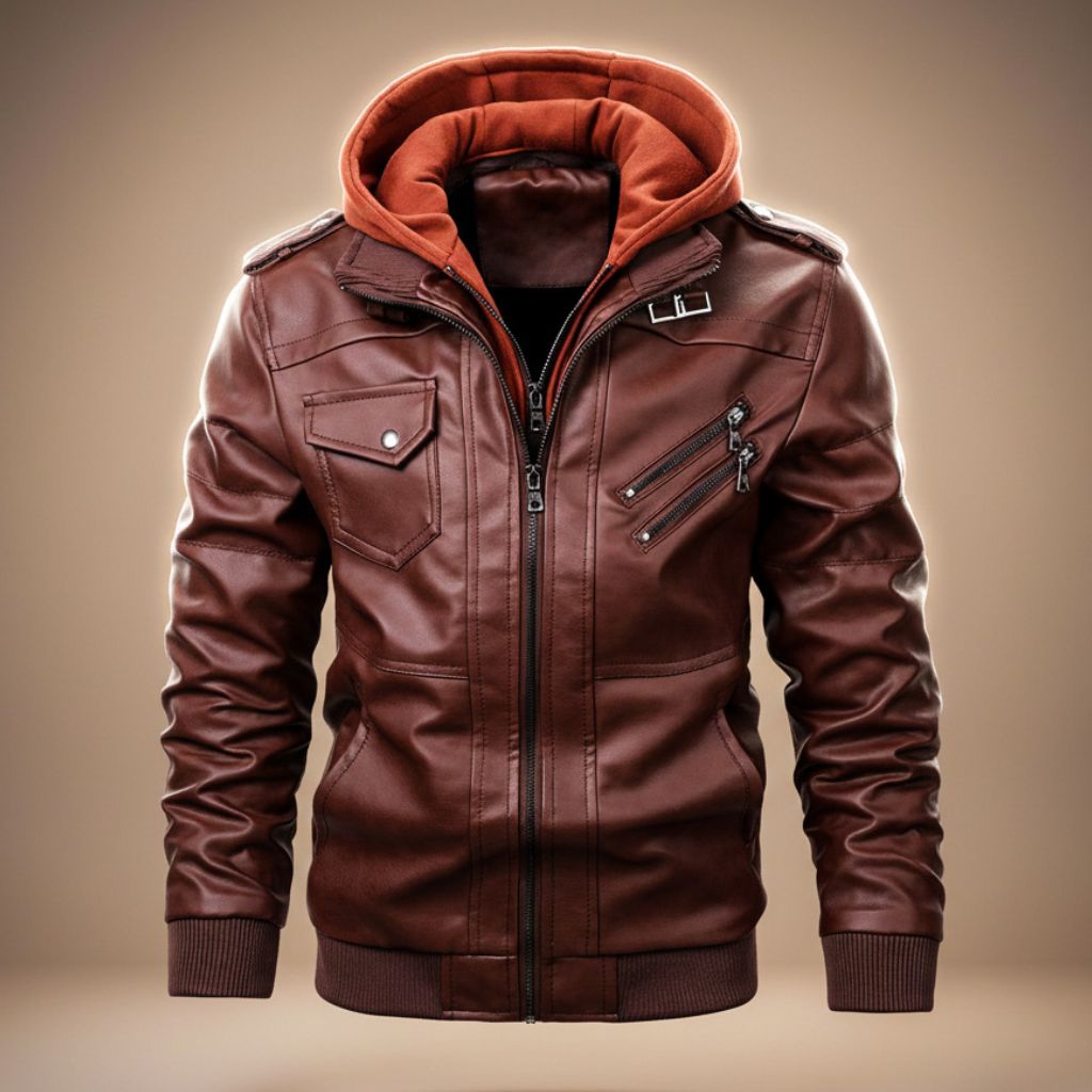 Men's Leather Jacket with Detachable Hood for Streetwear