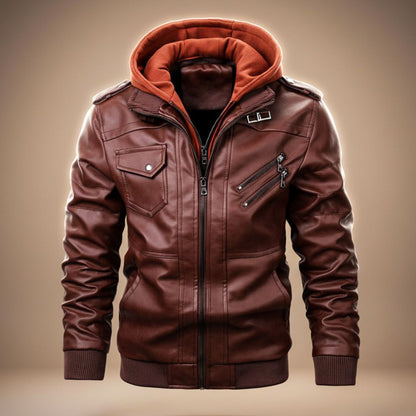 Men's Leather Jacket with Detachable Hood for Streetwear