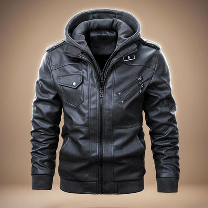 Men's Leather Jacket with Detachable Hood for Streetwear