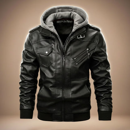 Men's Leather Jacket with Detachable Hood for Streetwear