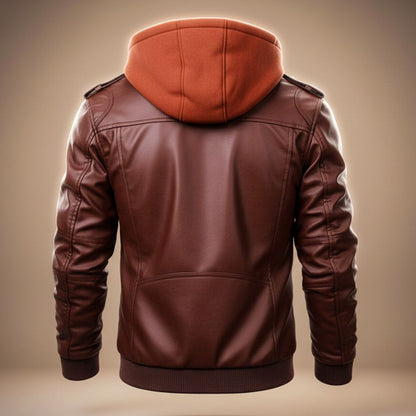Men's Leather Jacket with Detachable Hood for Streetwear